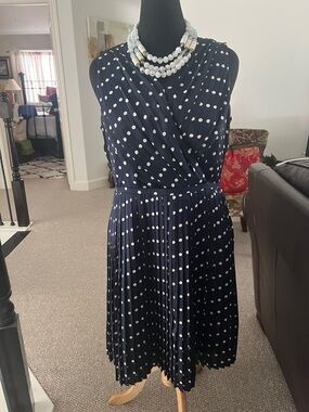 Sleeveless Navy Polka Dot Pleated Dress by Alex Marie- Classic Women's Dress